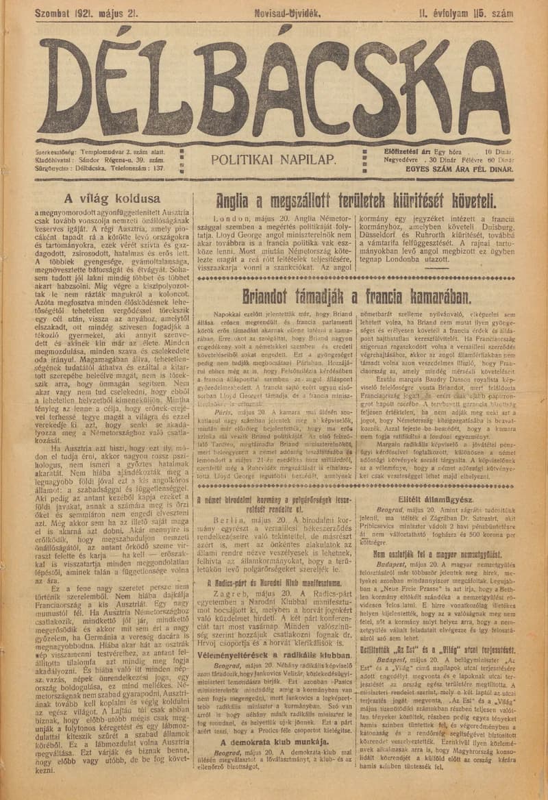 Délbácska, 2. évf. 1921. május 21. 115. sz.