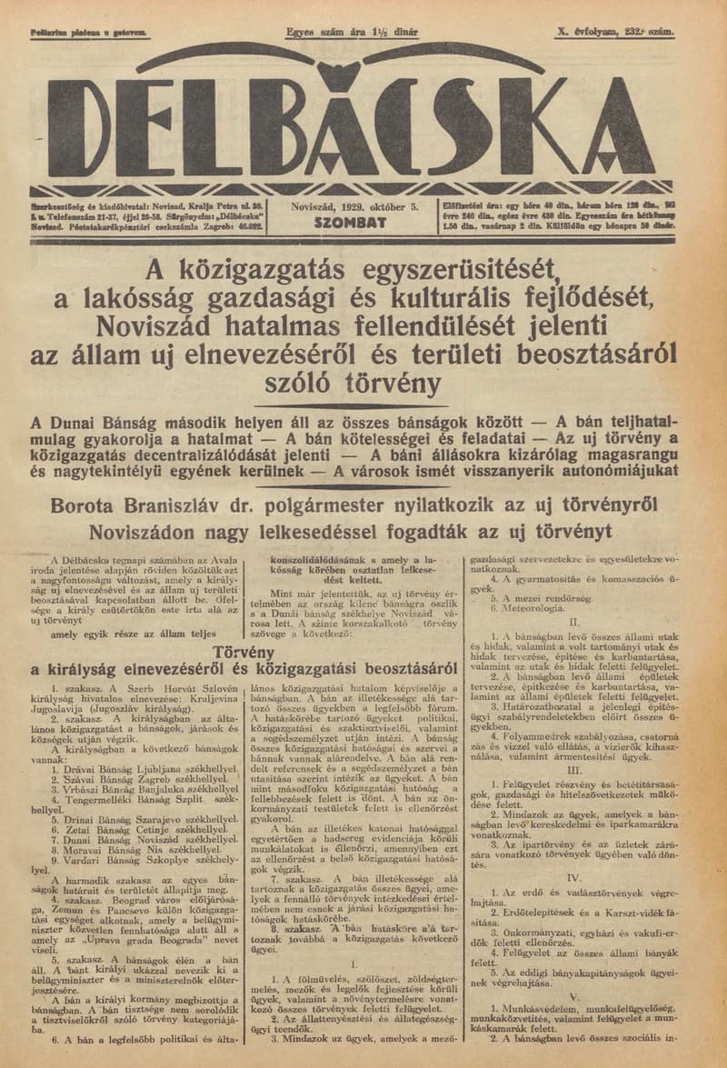 Délbácska, 10. évf. 1929. október 5. 232. sz.