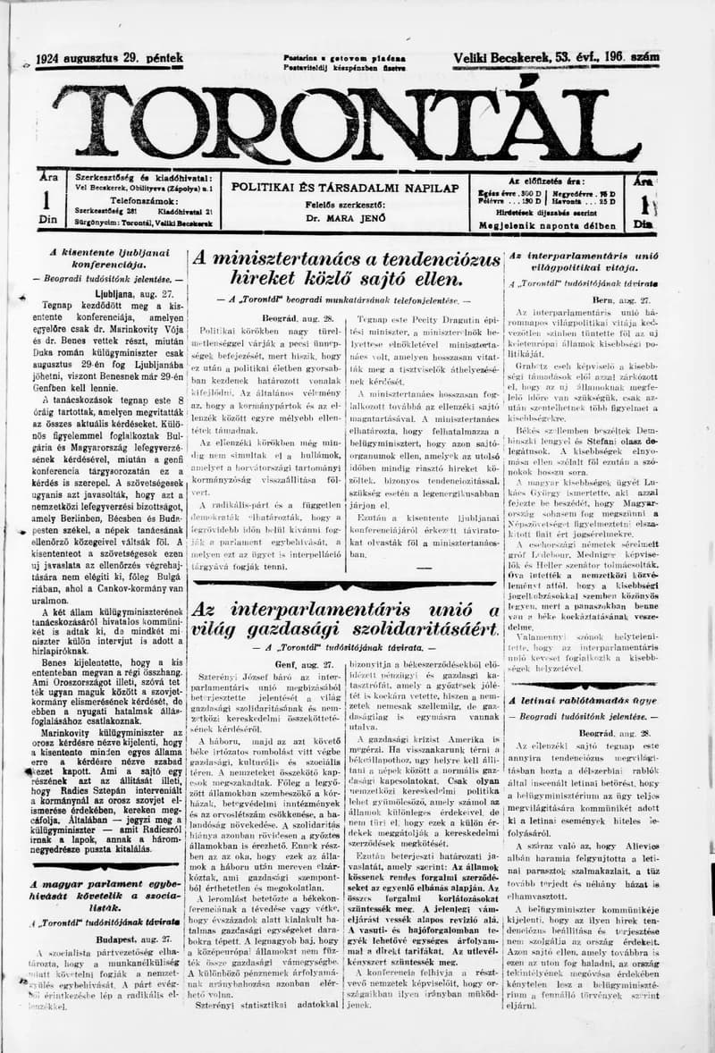 Torontál, 53. évf. 1924. augusztus 29. 196. sz.