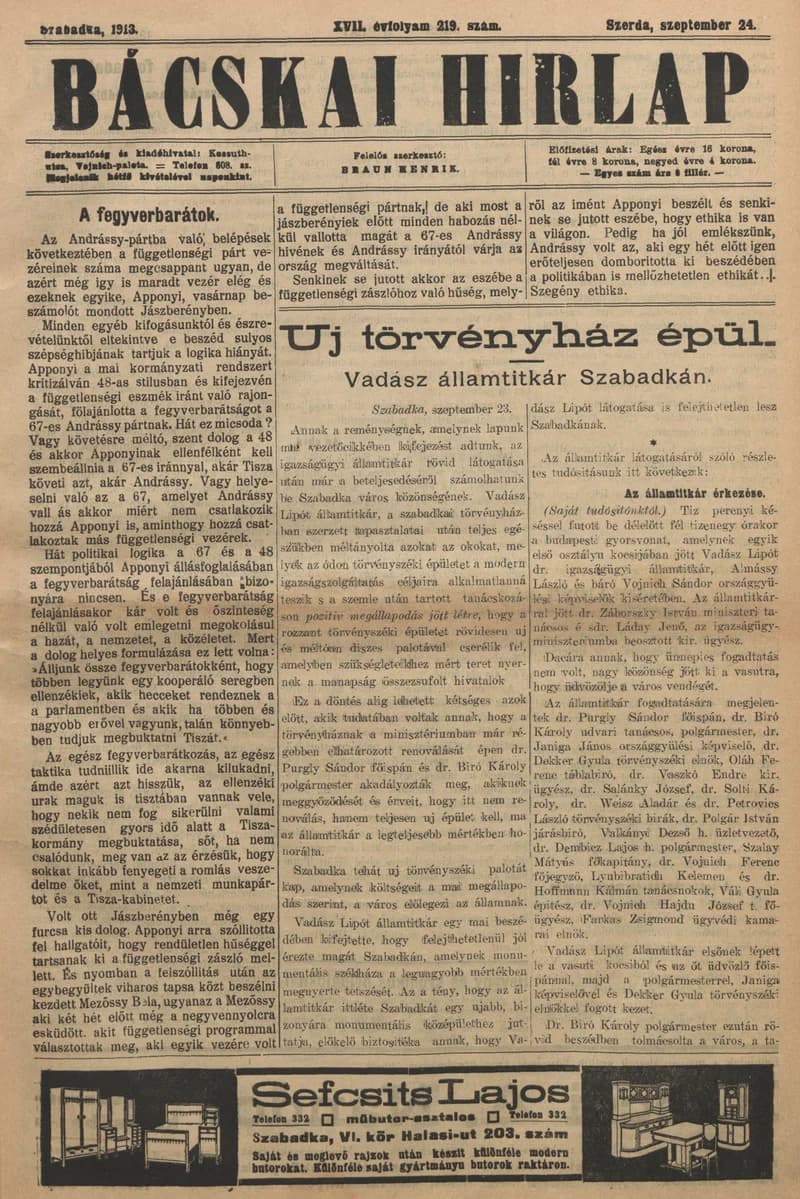 Bácskai Hirlap, 17. évf. 1913. szeptember 24. 219. sz.