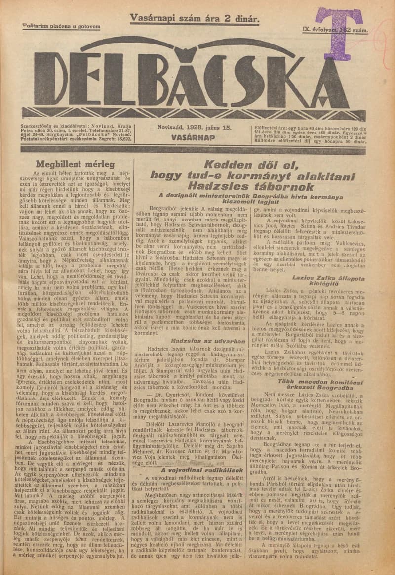 Délbácska, 9. évf. 1928. július 15. 162. sz.