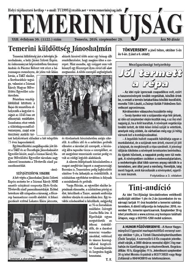 Temerini Újság, 22. évf. 2016. szeptember 29. 39. sz.