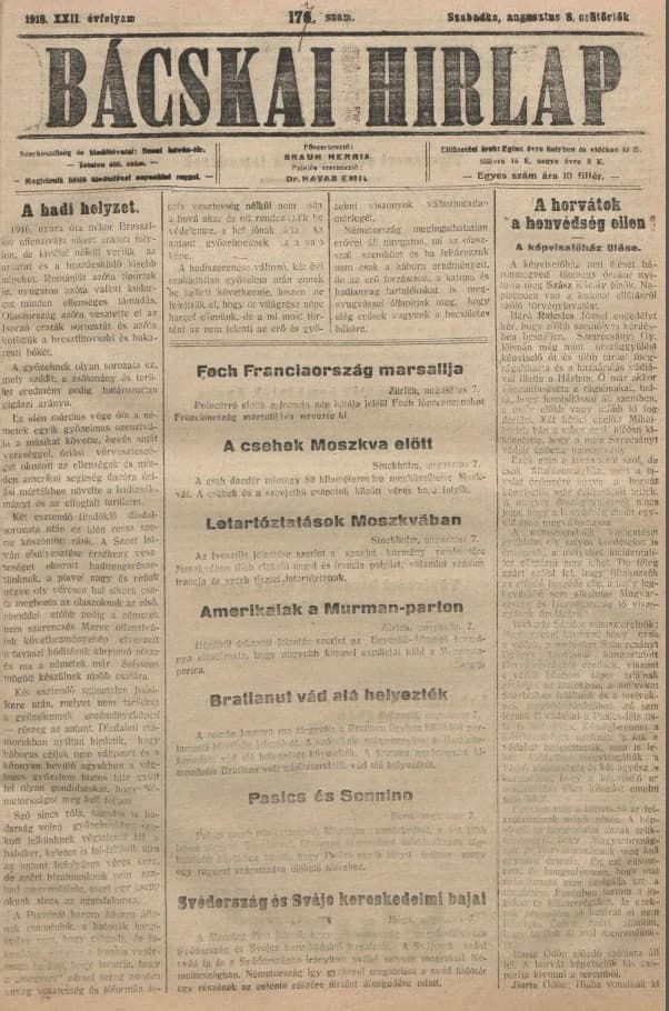 Bácskai Hirlap, 22. évf. 1918. augusztus 8. 177. sz.