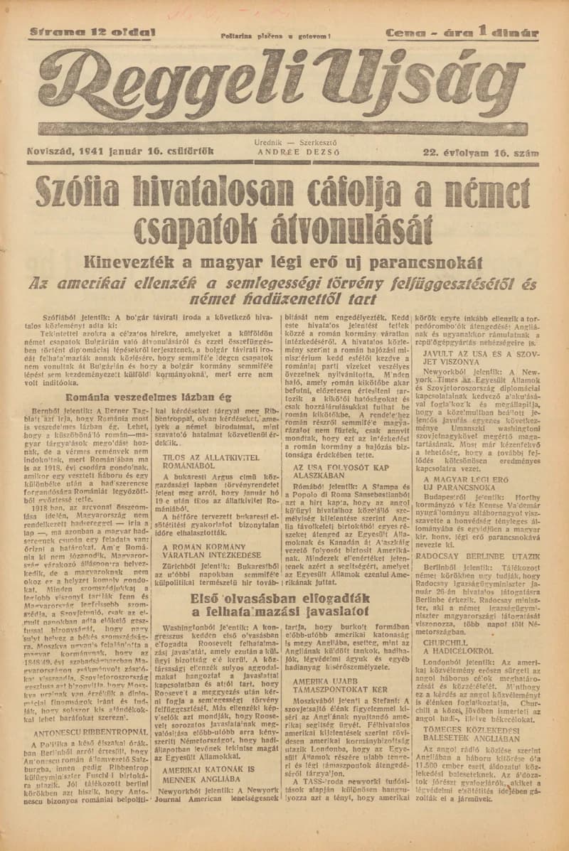 Reggeli Újság, 22. évf. 1941. január 16. 16. sz.