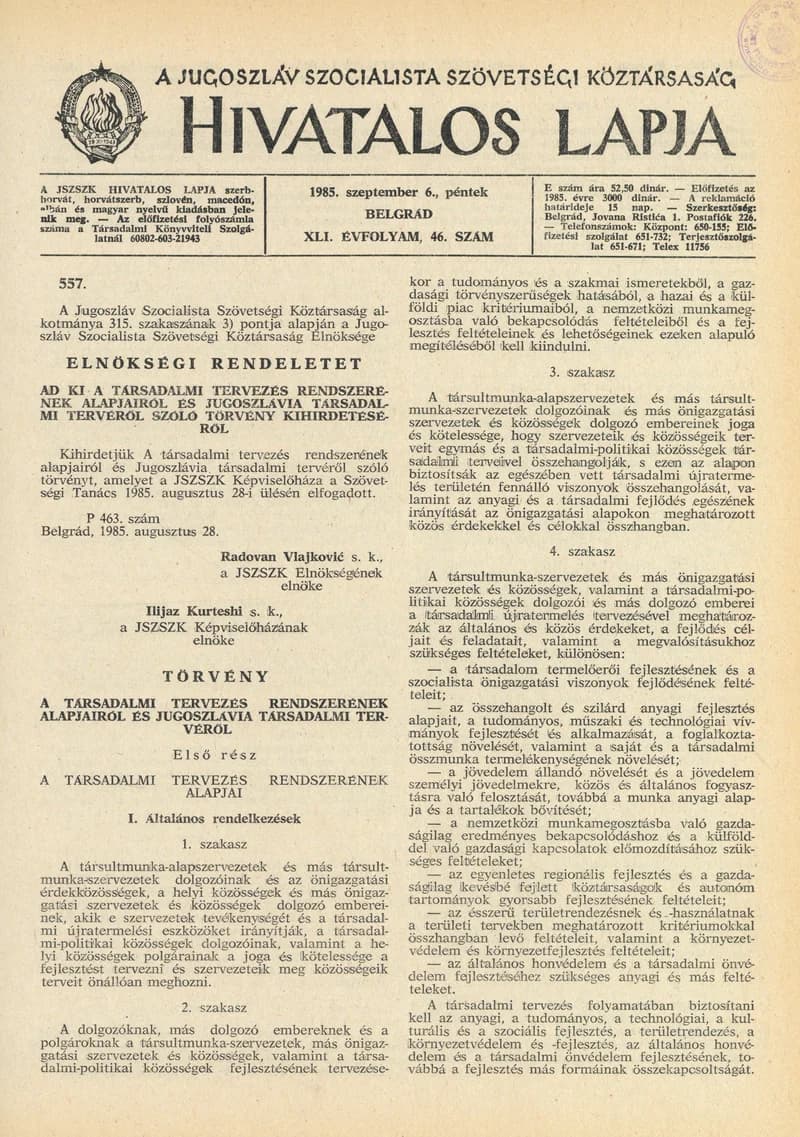 A Jugoszláv Szocialista Szövetségi Köztársaság Hivatalos Lapja, 41. évf. 1985. szeptember 6. 46. sz. 1333–1360. oldal