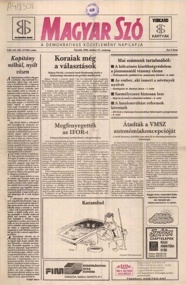 Magyar Szó, 53. évf. 1996. október 13. 243. sz. 1–24. oldal