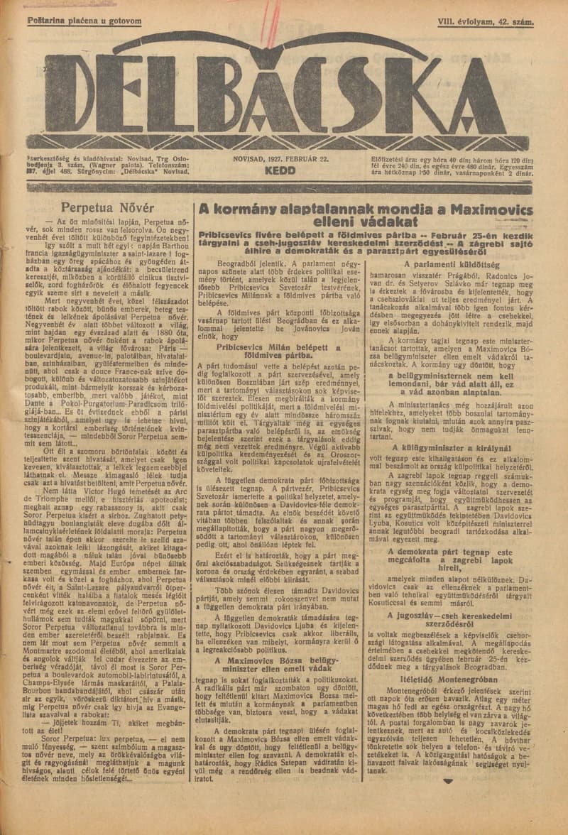Délbácska, 8. évf. 1927. február 22. 42. sz.