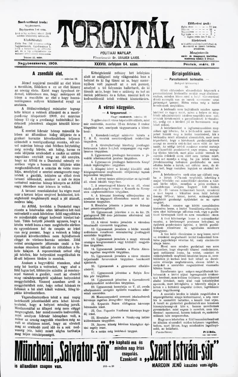 Torontál, 38. évf. 1909. március 19. 64. sz.