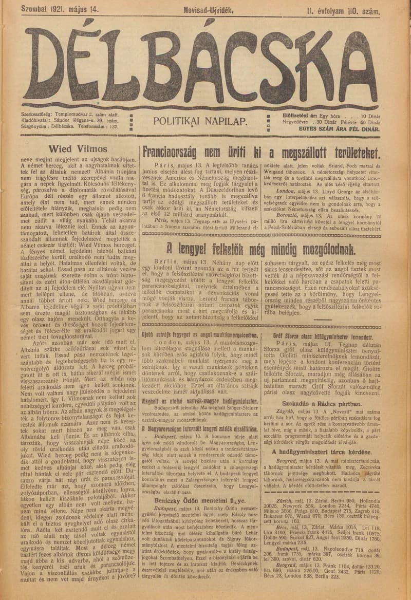 Délbácska, 2. évf. 1921. május 14. 110. sz.