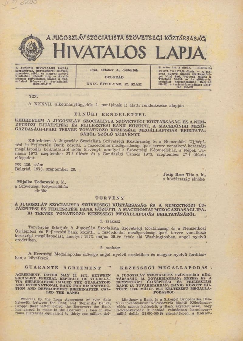 A Jugoszláv Szocialista Szövetségi Köztársaság Hivatalos Lapja, 29. évf. 1973. október 4. 52. sz. 1569–1620. oldal