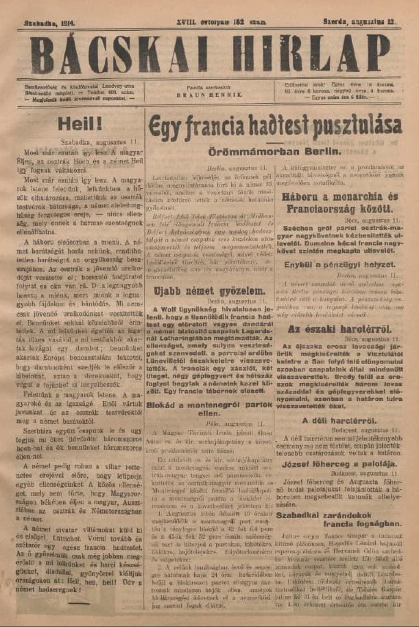 Bácskai Hirlap, 18. évf. 1914. augusztus 12. 182. sz.
