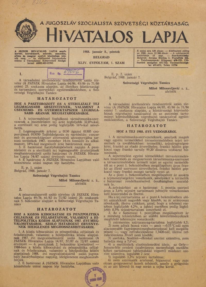 A Jugoszláv Szocialista Szövetségi Köztársaság Hivatalos Lapja, 44. évf. 1988. január 8. 1. sz. 1–8. oldal