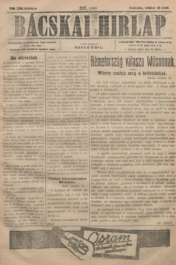 Bácskai Hirlap, 22. évf. 1918. október 22. 237. sz.