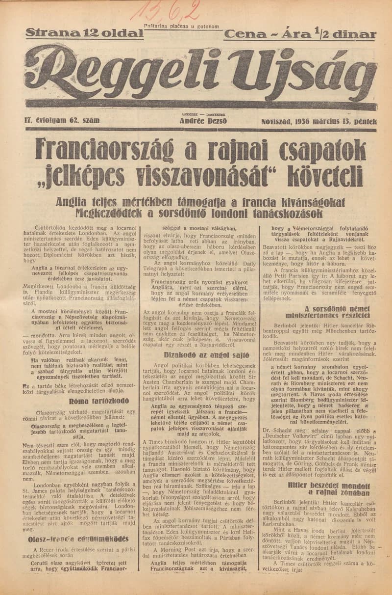 Reggeli Újság, 17. évf. 1936. március 13. 62. sz.