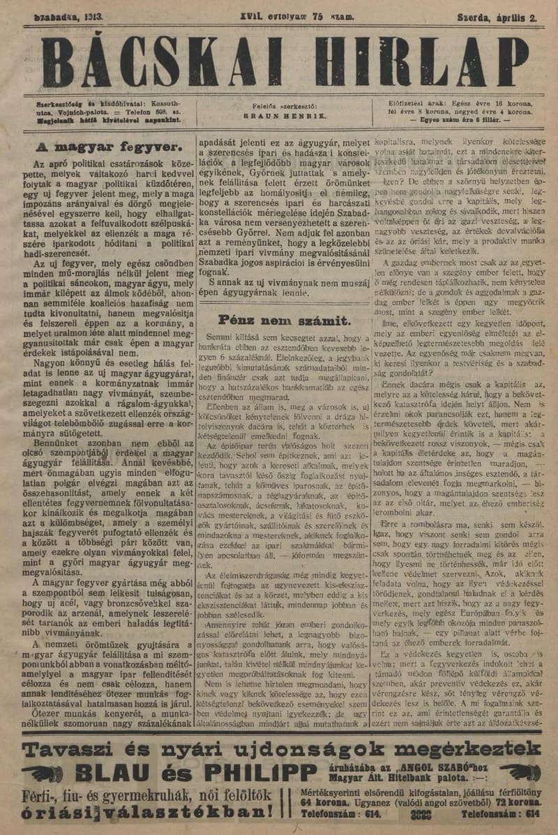 Bácskai Hirlap, 17. évf. 1913. április 2. 75. sz.