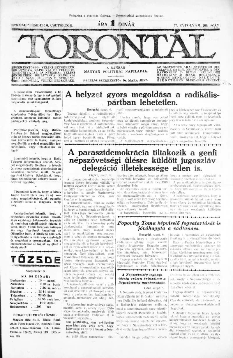 Torontál, 57. évf. 1928. szeptember 6. 206. sz.