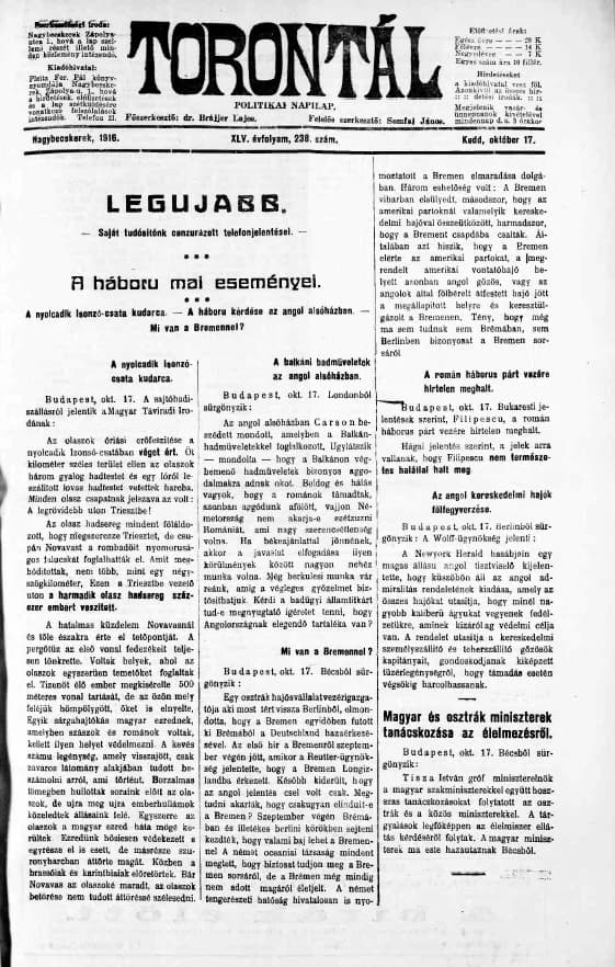 Torontál, 45. évf. 1916. október 17. 238. sz.