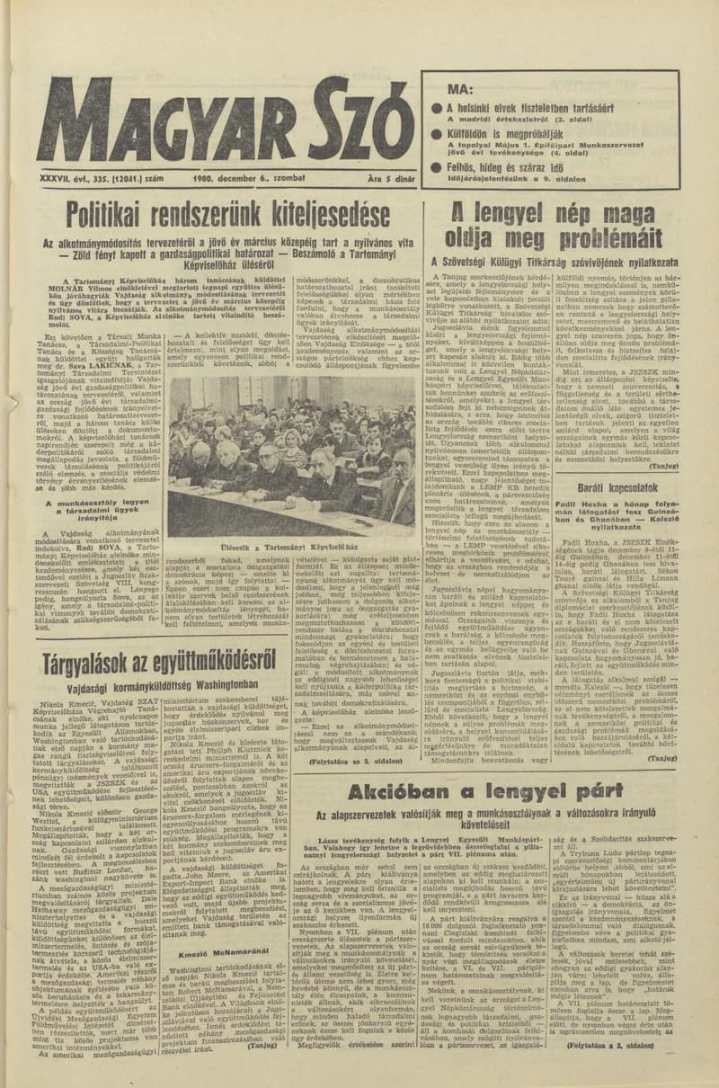 Magyar Szó, 37. évf. 1980. december 6. 335. sz. 1–20. oldal