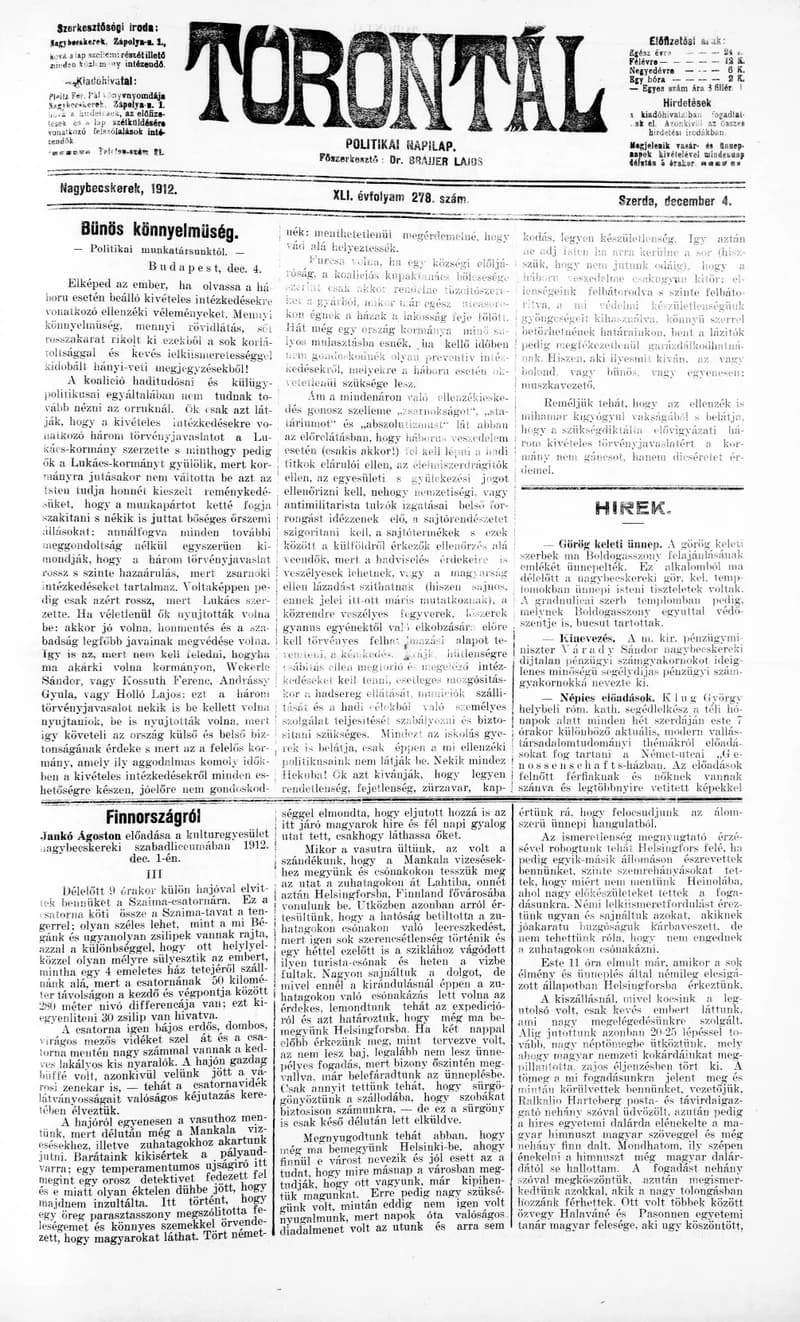 Torontál, 41. évf. 1912. december 4. 278. sz.