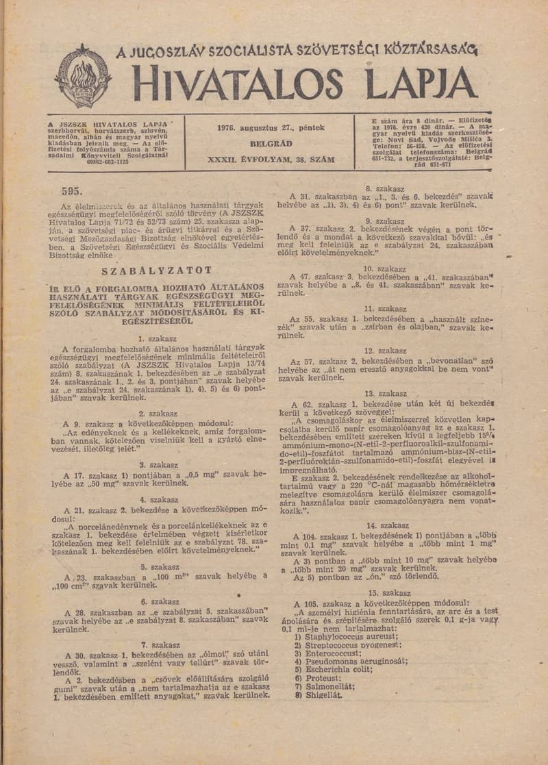 A Jugoszláv Szocialista Szövetségi Köztársaság Hivatalos Lapja, 32. évf. 1976. augusztus 27. 38. sz. 1121–1152. oldal