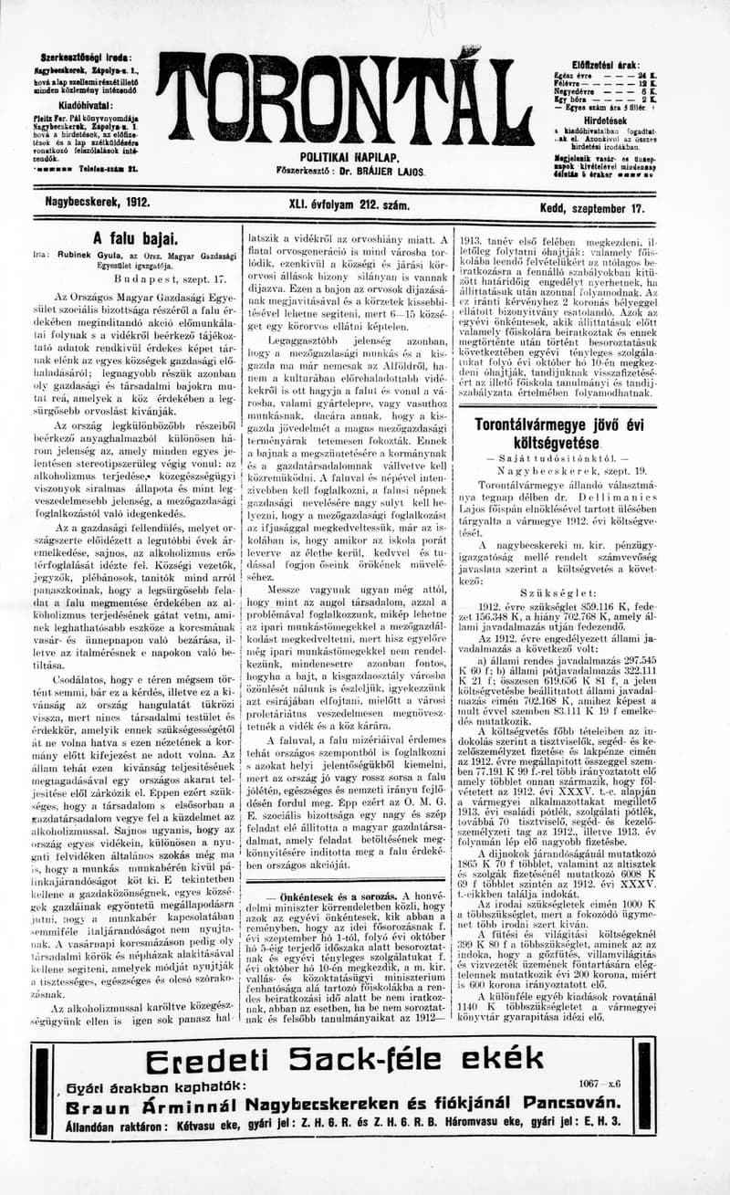 Torontál, 41. évf. 1912. szeptember 17. 212. sz.