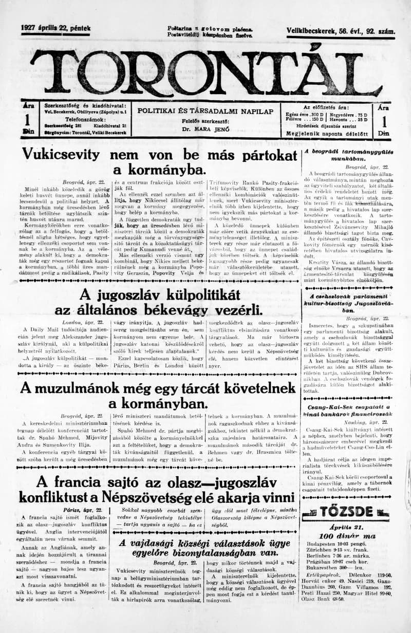 Torontál, 56. évf. 1927. április 22. 92. sz.