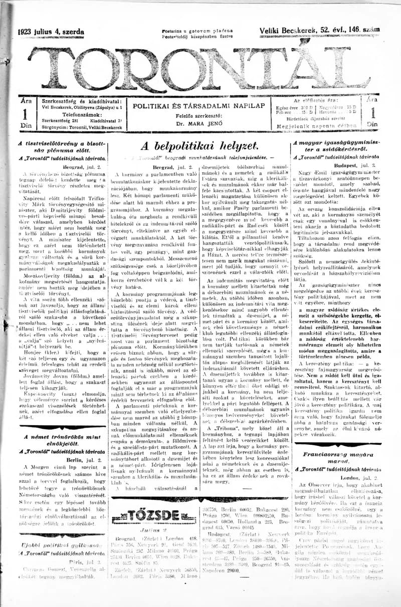 Torontál, 52. évf. 1923. július 4. 146. sz.