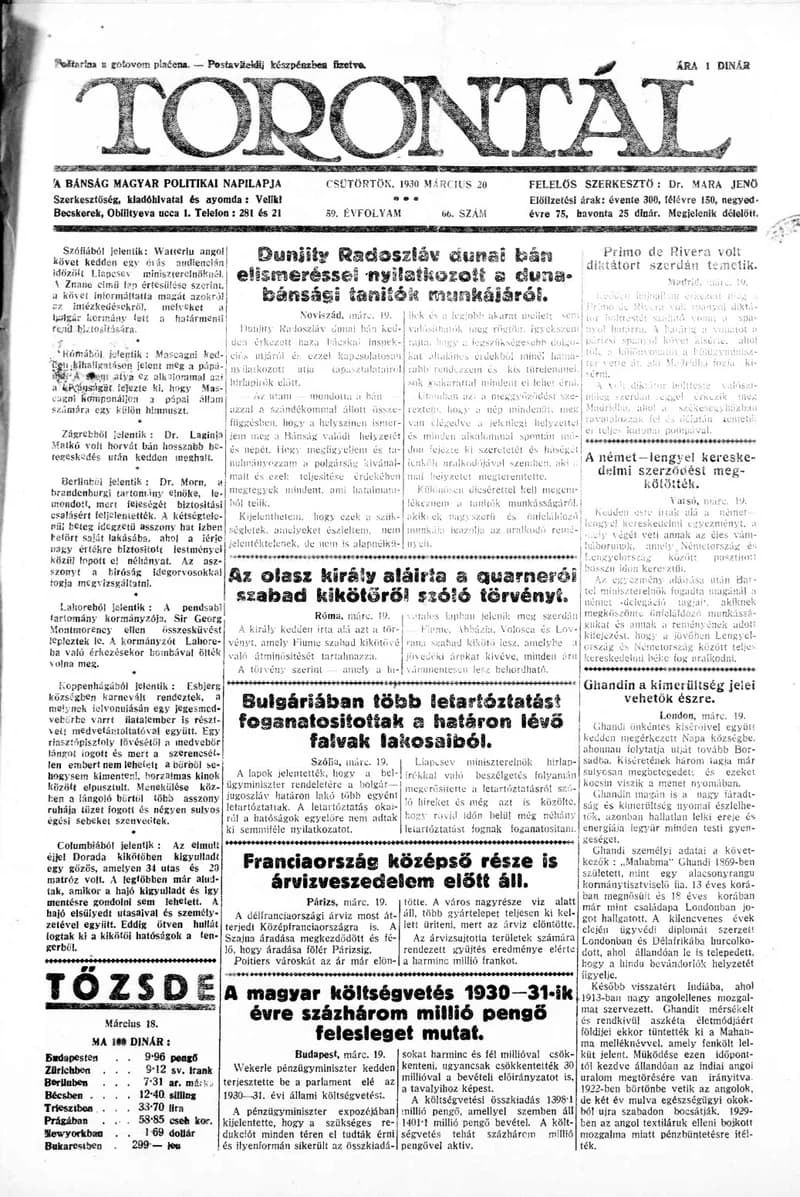 Torontál, 59. évf. 1930. március 20. 66. sz.