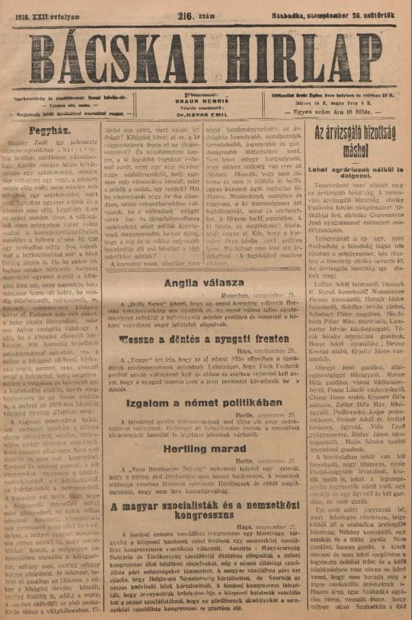 Bácskai Hirlap, 22. évf. 1918. szeptember 26. 216. sz.
