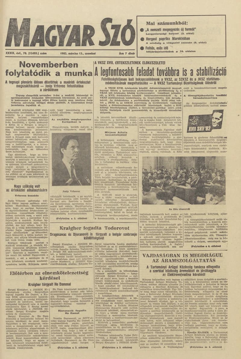 Magyar Szó, 39. évf. 1982. március 13. 70. sz. 1–20. oldal