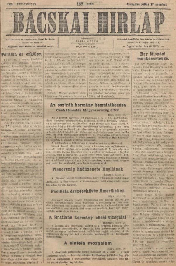 Bácskai Hirlap, 22. évf. 1918. július 27. 167. sz.