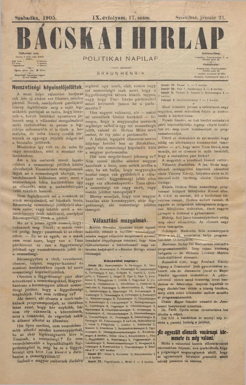 Bácskai Hirlap, 9. évf. 1905. január 21. 17. sz.