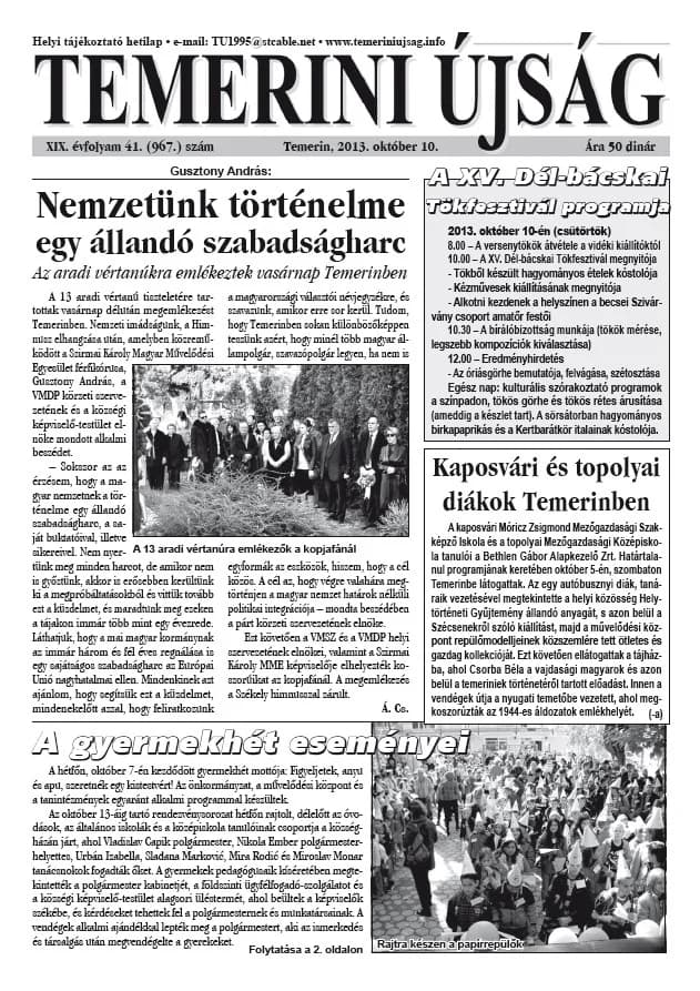 Temerini Újság, 19. évf. 2013. október 10. 41. sz.