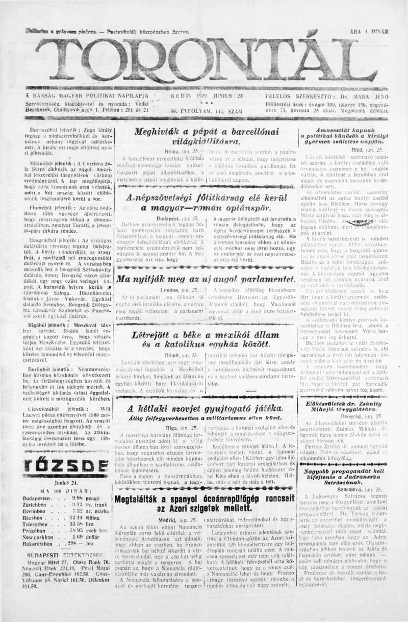 Torontál, 58. évf. 1929. június 25. 144. sz.