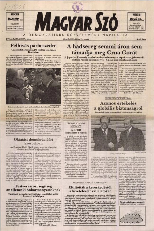 Magyar Szó, 57. évf. 2000. július 19. 168. sz. 1–16. oldal