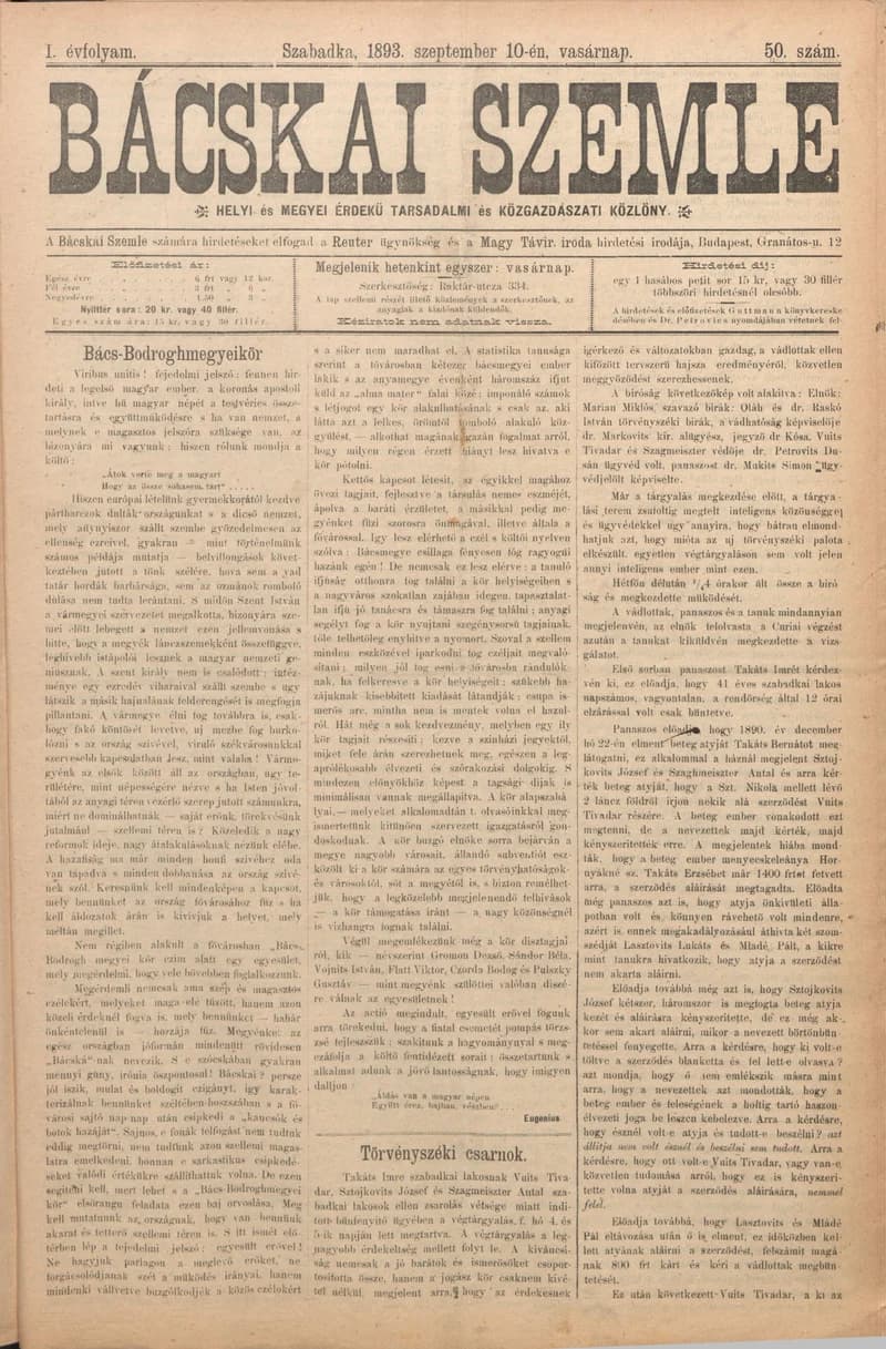 Bácskai Szemle, 1. évf. 1893. szeptember 10. 50. sz.