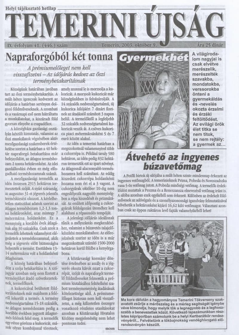 Temerini Újság, 9. évf. 2003. október 9. 41. sz.