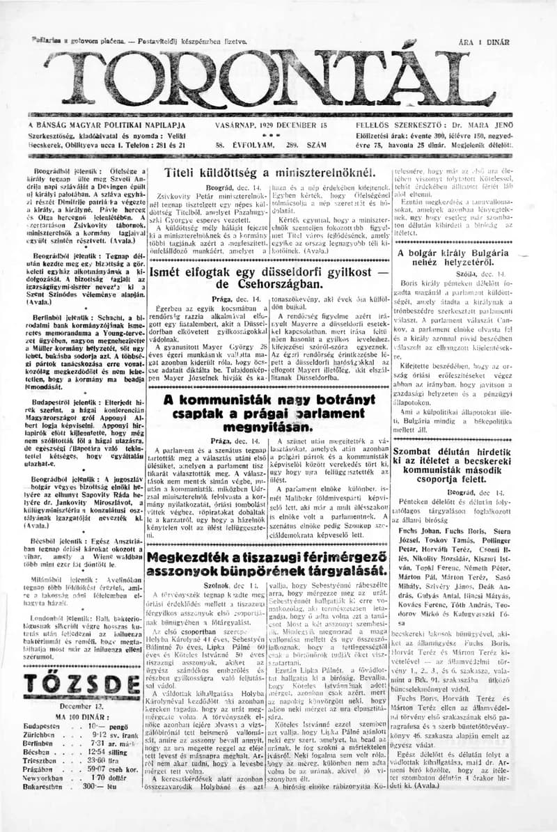 Torontál, 58. évf. 1929. december 15. 289. sz.