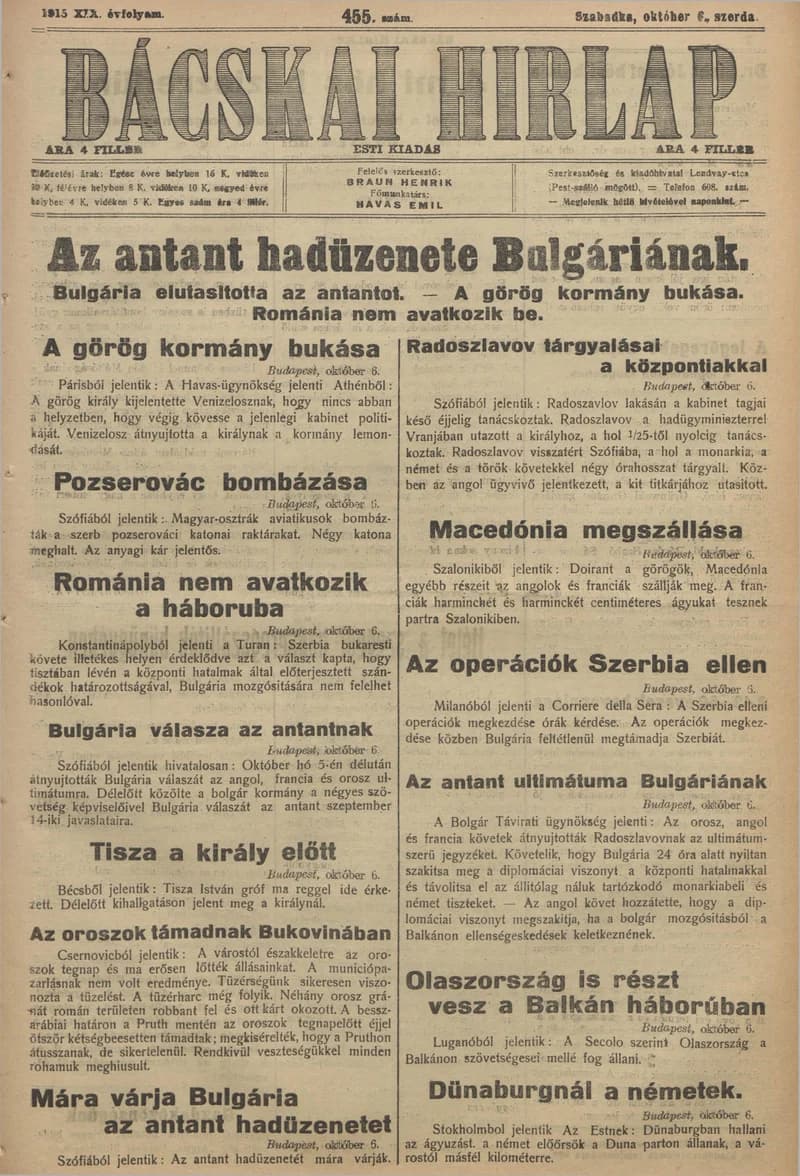 Bácskai Hirlap, 19. évf. 1915. október 6. 455. sz.