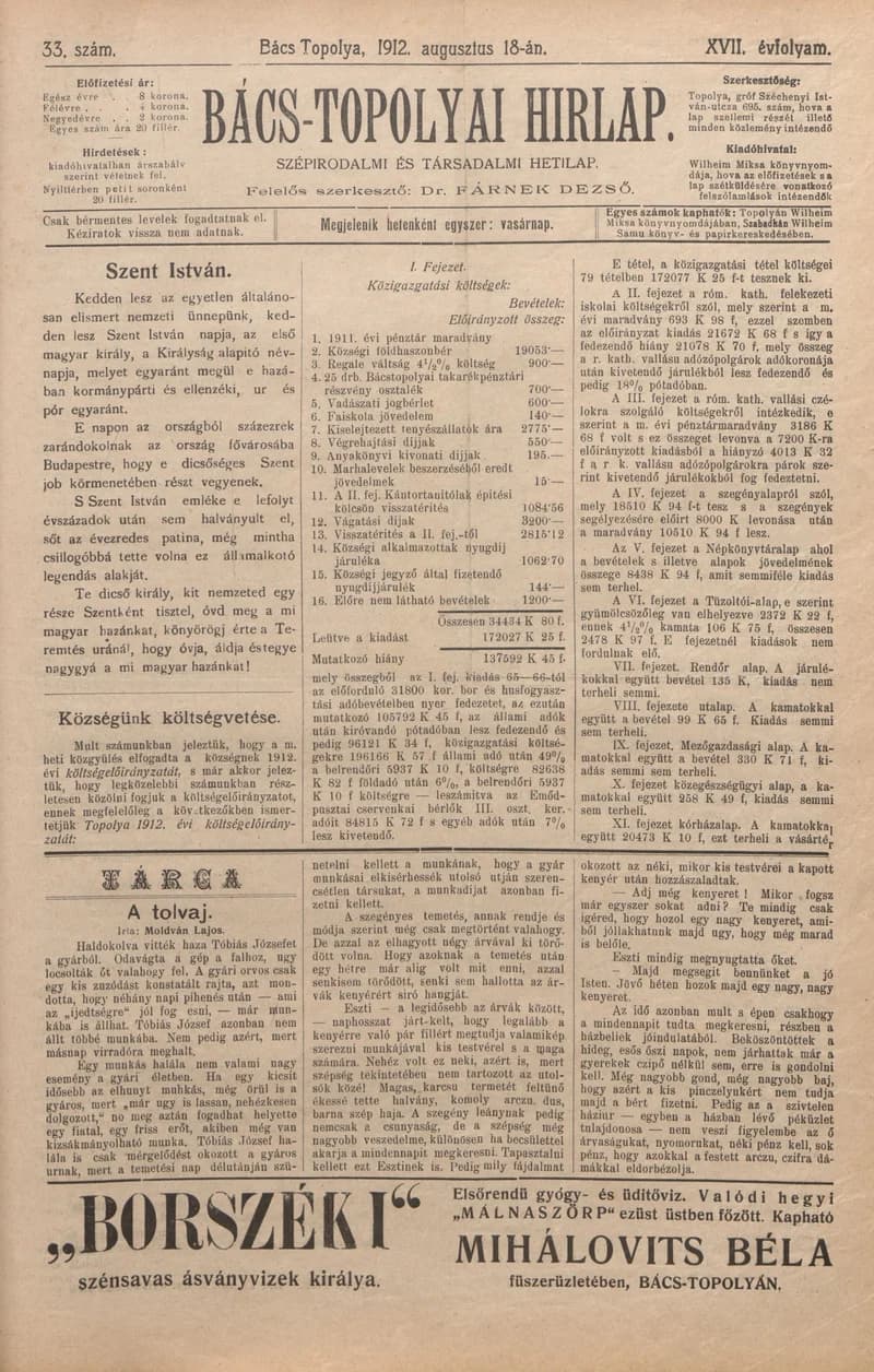 Bács-Topolyai Hirlap, 17. évf. 1912. augusztus 18. 33. sz.