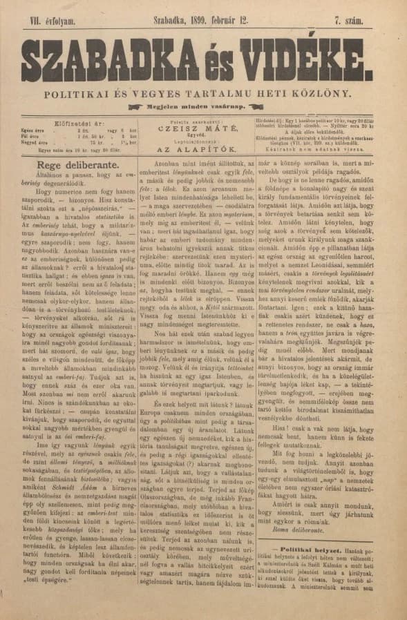 Szabadka és vidéke II, 7. évf. 1899. február 12. 7. sz.