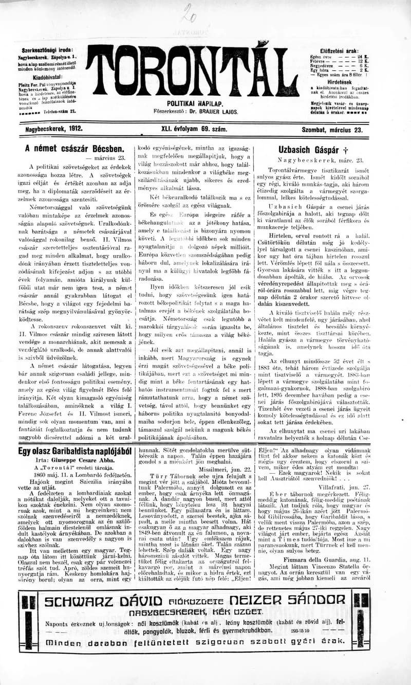 Torontál, 41. évf. 1912. március 23. 69. sz.