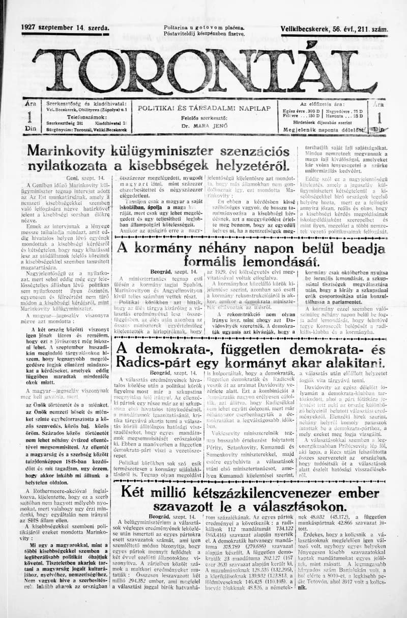 Torontál, 56. évf. 1927. szeptember 14. 211. sz.
