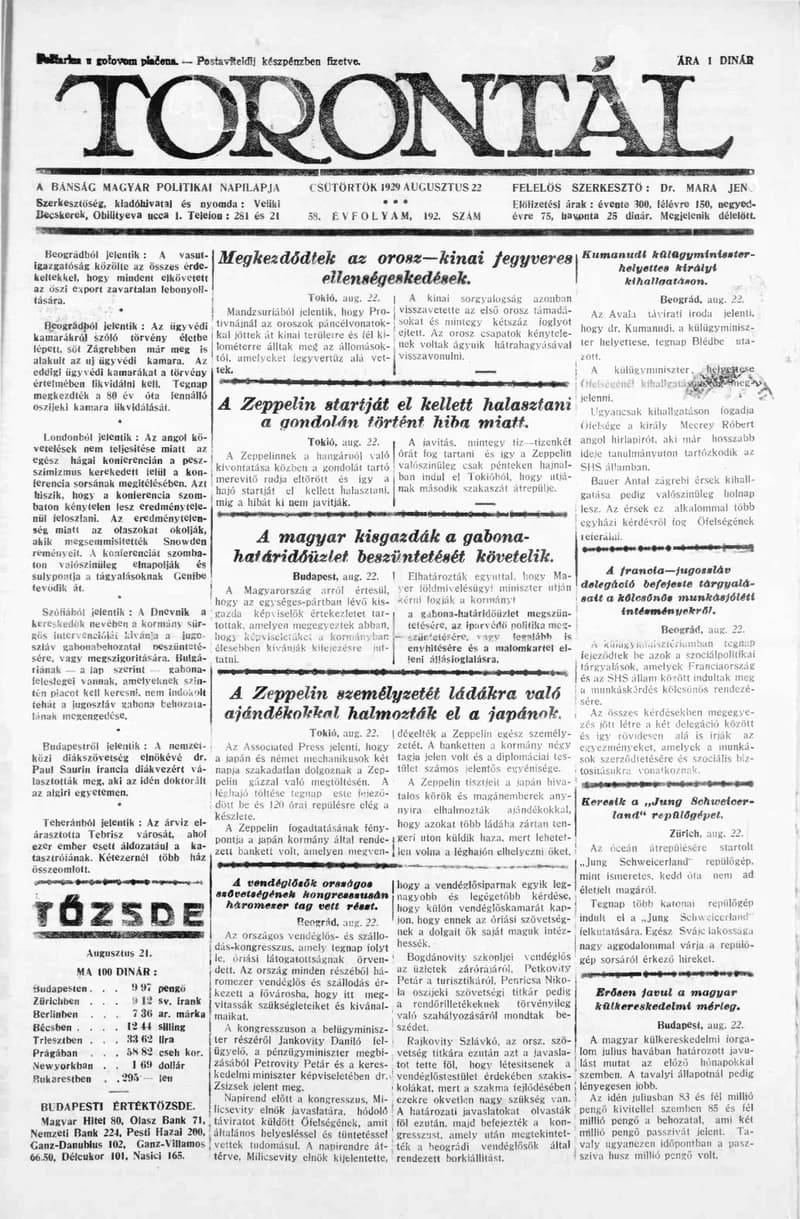 Torontál, 58. évf. 1929. augusztus 22. 192. sz.