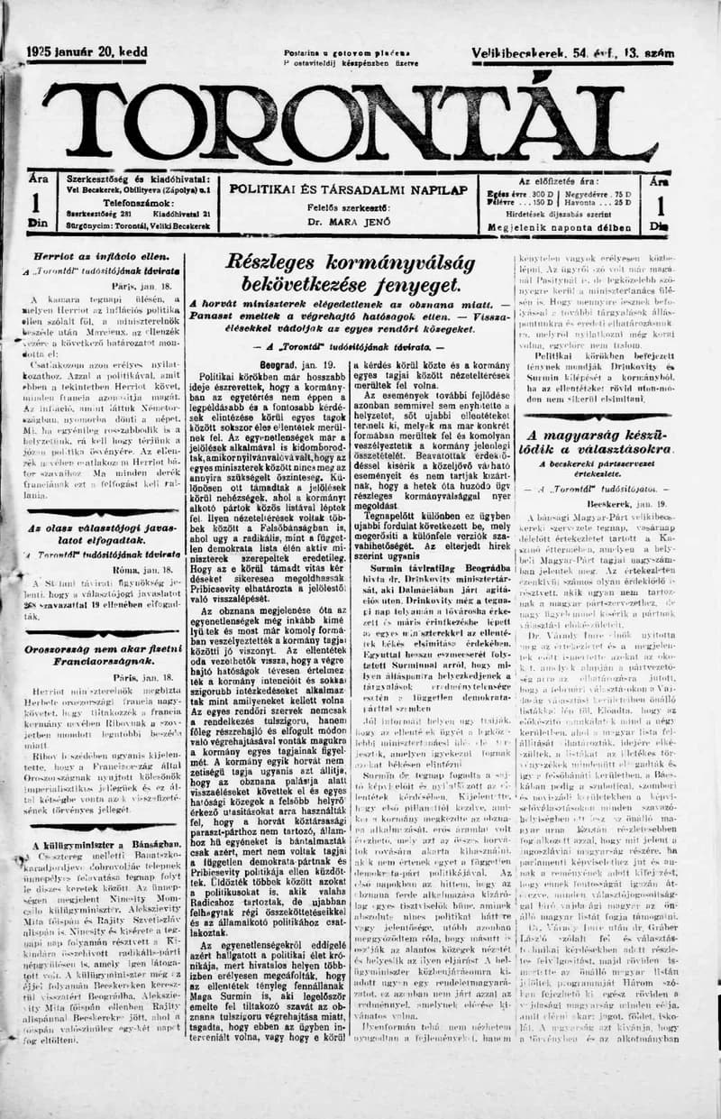 Torontál, 54. évf. 1925. január 20. 13. sz.