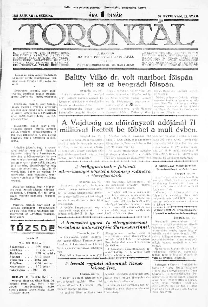 Torontál, 58. évf. 1929. január 16. 12. sz.