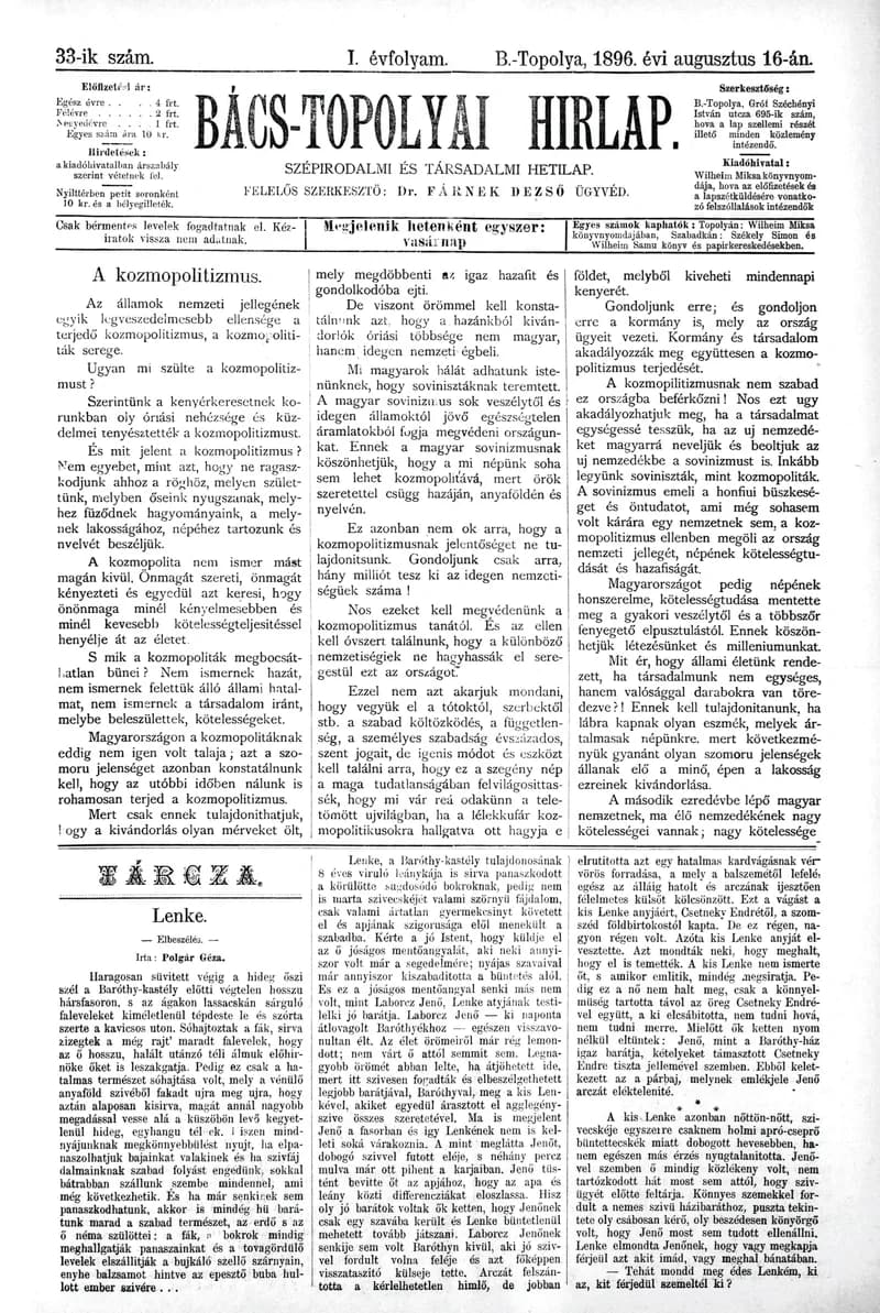 Bács-Topolyai Hirlap, 1. évf. 1896. augusztus 16. 33. sz.