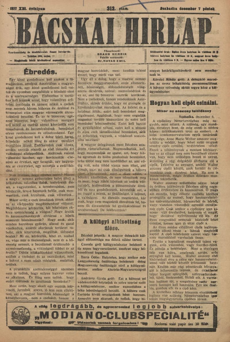 Bácskai Hirlap, 21. évf. 1917. november 7. 312. sz.