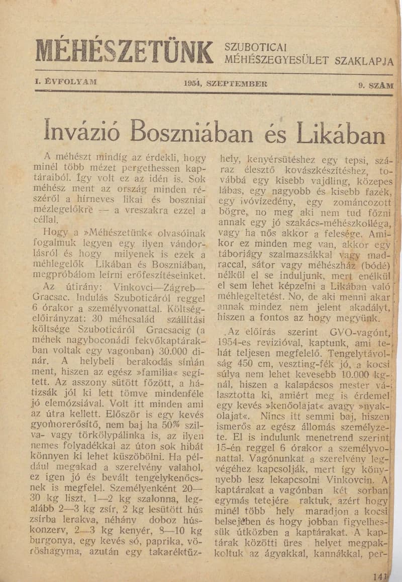 Méhészetünk, 1. évf. 1954. szeptember 1. 9. sz.
