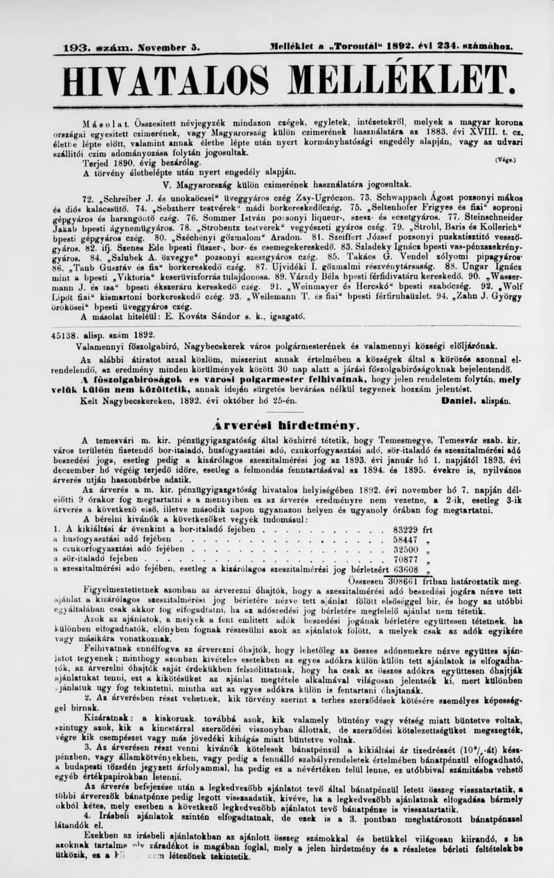 A Totontál  hivatalos melléklete, 5. évf. 1892. november 5. 193. sz.